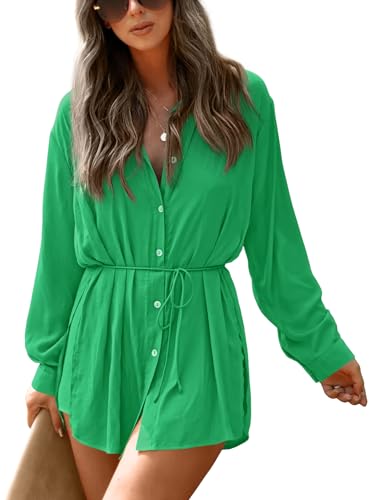 NONSAR Damen Longbluse mit V-Ausschnitt Blusen Langarm Shirt Zweiteiler Sommer Elegant Einfarbig Bluse+Shorts 2 Teiler Set(9361XL,Grün) von NONSAR
