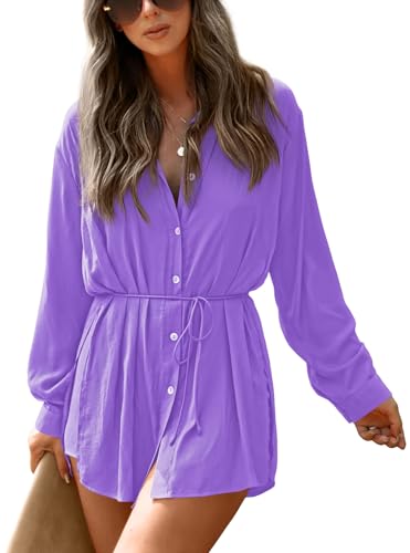 NONSAR Damen Longbluse mit V-ausschnitt Blusen Langarm Shirt Zweiteiler Sommer Elegant Einfarbig Bluse+Shorts 2 Teiler Set(9361XL,Violett) von NONSAR