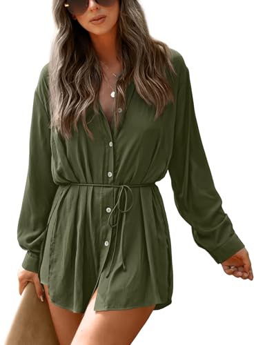 NONSAR Damen Longbluse mit V-ausschnitt Blusen Langarm Shirt Zweiteiler Sommer Elegant Einfarbig Bluse+Shorts 2 Teiler Set(9361S,Armeegrün) von NONSAR