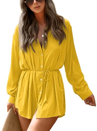 NONSAR Damen Longbluse mit V-ausschnitt Blusen Langarm Shirt Zweiteiler Sommer Elegant Einfarbig Bluse+Shorts 2 Teiler Set(9361XL,Gelb) von NONSAR