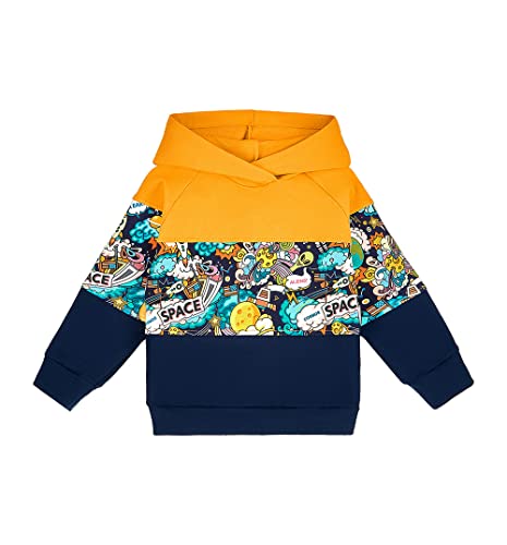 NONU Kids Sweatshirt Dreifarbig mit Kapuze 95% Baumwolle 5% Elasthan Bequem Unisex Viele Größen Weich Atmungsaktiv Kapuzenpullover für Jungen Marineblau Gelb 92 von NONU Kids