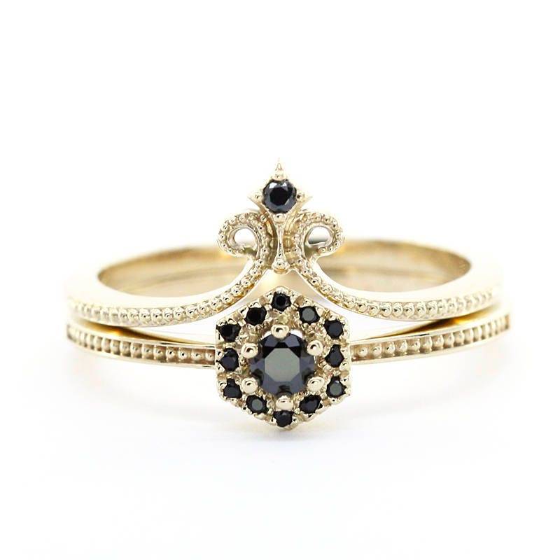18K Gold Black Diamond Verlobungsring Set Sechseckiger Ehering von NOOI