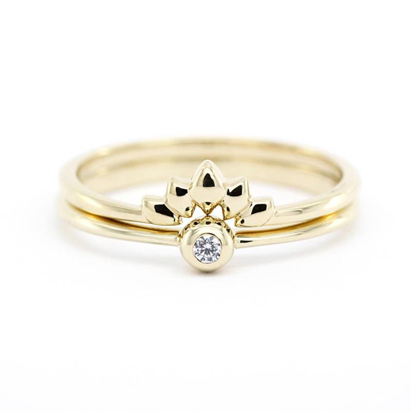 Gold Diamant Verlobungsring Set 18K Lotus Krone Ehering von NOOIjewelry