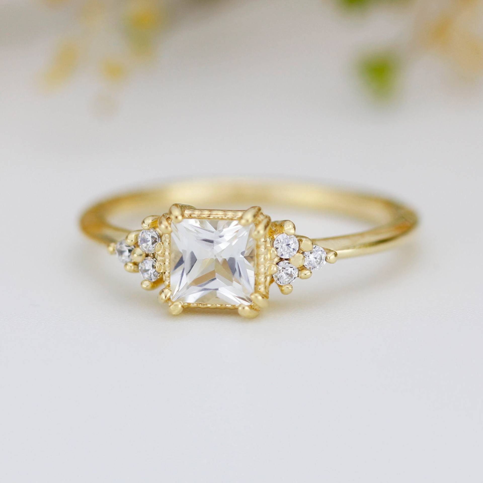 Princess Cut Verlobungsring, Weißer Topas Und Diamantring, Diamantring | R 344Gew von NOOIjewelry