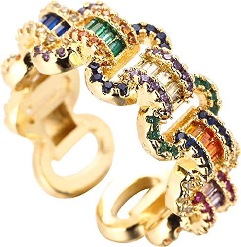 NOOLAR Modischer Ring, exquisiter 18 Karat vergoldeter CZ Knopfring für Frauen Regenbogen Eheringe Einstellbare Kristall mehrfarbig für Damen Schmuck Geschenk von NOOLAR