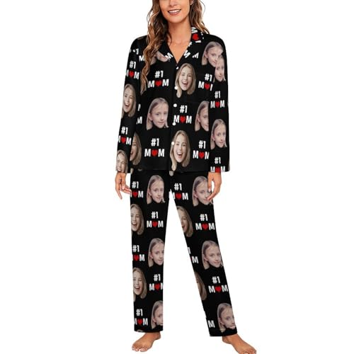 NOONATIVE Personalisierte Frauen Langarm Pyjama Set mit Foto Gesicht,Personalisiert Damen Nachtwäsche Sets,Muttertagsgeschenke für Mama von NOONATIVE