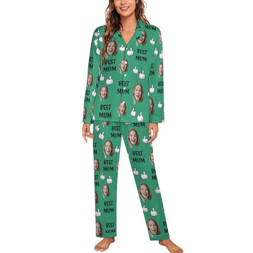 NOONATIVE Personalisierte Frauen Langarm Pyjama Set mit Foto Gesicht,Personalisiert Damen Nachtwäsche Sets,Muttertagsgeschenke für Mama von NOONATIVE