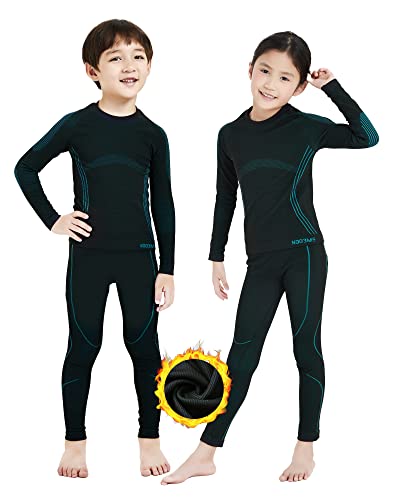 NOOYME Thermounterwäsche Kinder Set Skiunterwäsche Kinder Thermo Unterwäsche Extra Warme Funktionsunterwäsche Kinder Unisex Sportunterwäsche Kinder Fussball, Schwarz-hellblau (140/146) 140-145cm von NOOYME