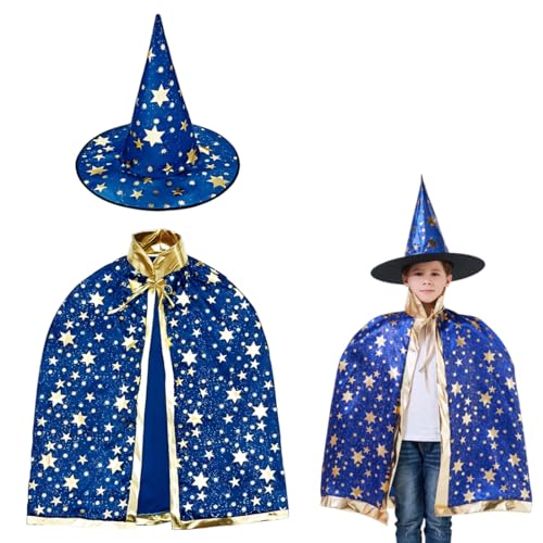 NOPKESV 1 Set Kinder Halloween Kostüm, Wizard Cape Witch Umhang mit Hut, Kürbis Candy Bag, Zauberer Mantel mit Requisiten für Jungen Mädchen Cosplay Party von NOPKESV