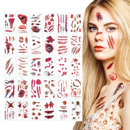 NOPKESV 30 Blatt Gesichtstattoo Karneval, Horror Narben Wunden Spinnen Gruselig Tattoo Gesicht, Zombie Vampir Hexen Kostüm Damen Make Up Schminke Zubehör für Karneval Fasching Motto Party von NOPKESV