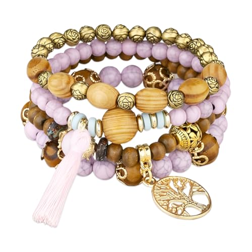 NOPKESV 4 Stück Boho Holzperlen Armband, Boho Armbänder mit Holzperlen und Quaste, Frauen Baum des Lebens Charm Statement Armreifen, Geschenke für Frauen, Armband Geschenk von NOPKESV