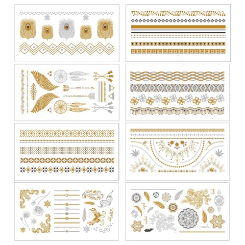 NOPKESV 8 Blatt Temporäre Tattoos Aufkleben Damen Flash Glitzer Metallic Festival Accessoires Party Zubehör Frauen Mädchen Haut Klebetattoos Erwachsene Halloween (Gold) von NOPKESV