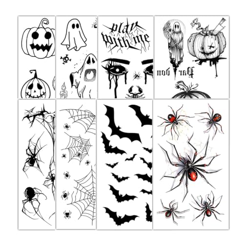 NOPKESV 8 pcs Halloween Tattoo Gesicht 3D Realistische Motive Spinnen Fledermaus Spinnennetz Wasserdicht Temporäre Tattoos Aufkleber für Halloween Kostüm Makeup (Große Größe) von NOPKESV