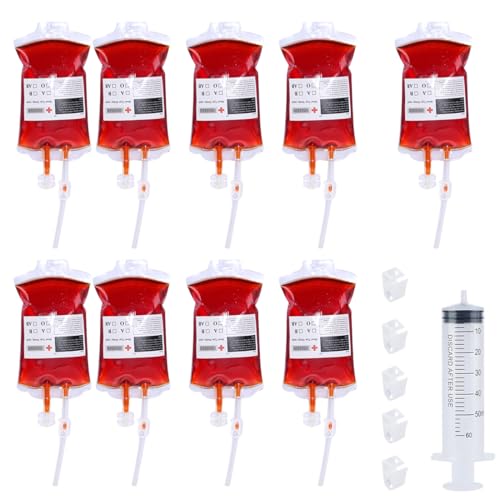 NOPKESV 9 Stück Halloween Trinkgefäß Blutbeutel Zum Befüllen, Halloween Blutbeutel Zum Trinken, Blutbeutel IV Taschen, Infusionsbeutel mit Spritze Clips Blutart Aufkleber (350ml) von NOPKESV