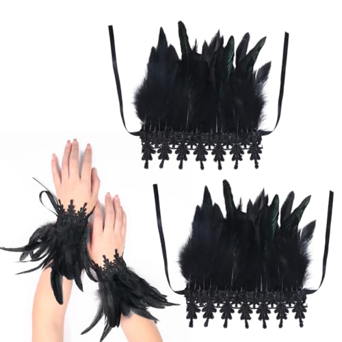 NOPKESV Damen Feder-Handgelenkmanschetten Florale Spitzenflügel-Armbänder Gothic-Mesh-Armband für Cosplay Halloween-Kostüm (Black) von NOPKESV