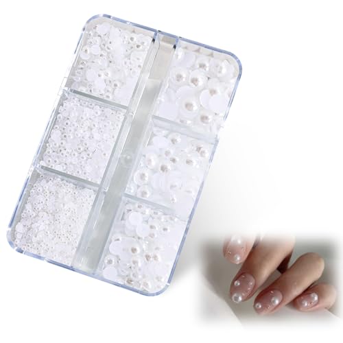 NOPKESV Design für Frauen-Nail Art Strasssteine,Weiße Perlen und Caviar Beads-Klein Edelstahl-Perlen Acryl Nagel Dekorationen-1Schachtel Raster Halbrunde Perlenkugeln Nail Charms von NOPKESV