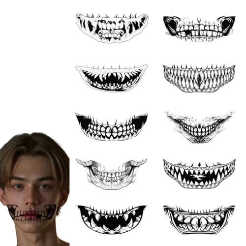 NOPKESV Set 10 Temporäre Tattoos Mund Aufkleber Zombie Skelett Vampir Kostüm Requisiten Tattoo Gesicht Cosplay Gesichtstattoo Horror Deko Party Schminke Accessoires Damen Halloween Kostüm von NOPKESV