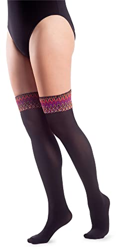 NOQ Damen Overknee Ethno Strümpfe schwarz hohe Socken mit farbiger Spitze Hippie Style 200 DEN ausgefallene Strumpfhose Boho von NOQ