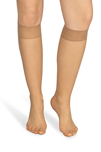 NOQ Damen Socken Kniestrümpfe Uni Nude Farbtöne 10 DEN Mikrofaser Halbmatt Klassisch mit Komfortbund Einheitsgröße Zwei Paar Sabia, Golden von NOQ