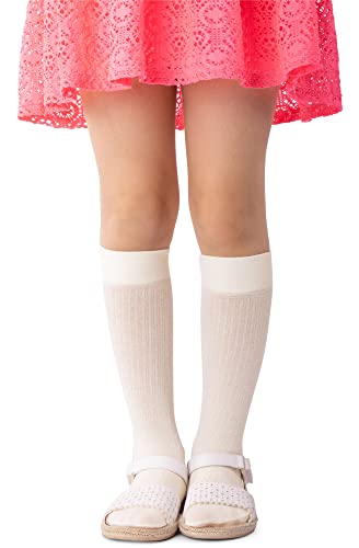 NOQ Gestreifte Kniestrümpfe aus Viskose für Mädchen 100 DEN bequem weich warm flexibel für Kleinkinder niedlich Schuluniform Kleid über der Wade ein Paar Molly, Cream 14/16 cm von NOQ