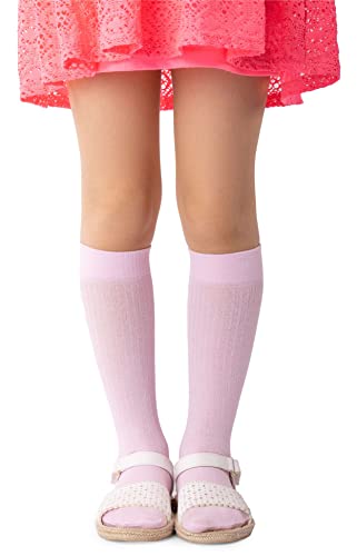 NOQ Gestreifte Kniestrümpfe aus Viskose für Mädchen 100 DEN bequem weich warm flexibel für Kleinkinder niedlich Schuluniform Kleid über der Wade ein Paar Molly, Rose 14/16 cm von NOQ