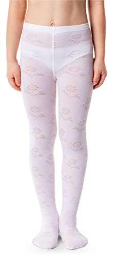 NOQ Mädchen Strumpfhose mit 3D-Effekt Muster Uni Tanz Gymnastik Fancy Outfit Little Princess, Balbina Bianco 4-5 Jahre (104-110 cm) von NOQ