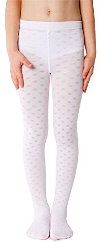 NOQ Mädchen Strumpfhose mit 3D-Effekt Muster Uni Tanz Gymnastik Fancy Outfit Little Princess, Dominica Bianco 2-3 Jahre (92-98 cm) von NOQ