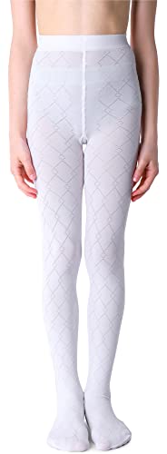 NOQ Mädchen Strumpfhose mit 3D-Effekt Muster Uni Tanz Gymnastik Fancy Outfit Little Princess, Geo Bianco 10-11 Jahre (140-146 cm) von NOQ