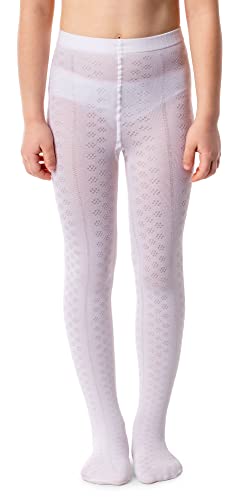 NOQ Mädchen Strumpfhose mit 3D-Effekt Muster Uni Tanz Gymnastik Fancy Outfit Little Princess, Lilly Bianco 9-10 Jahre (134-140 cm) von NOQ