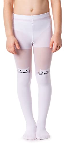 NOQ Mädchen Strumpfhose mit 3D-Effekt Muster Uni Tanz Gymnastik Fancy Outfit Little Princess, Meow Bianco 6-7 Jahre (116-122 cm) von NOQ