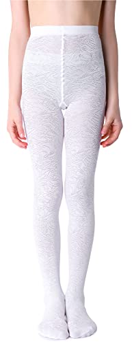 NOQ Mädchen Strumpfhose mit 3D-Effekt Muster Uni Tanz Gymnastik Fancy Outfit Little Princess, Nazca Bianco 11-12 Jahre (146-152 cm) von NOQ