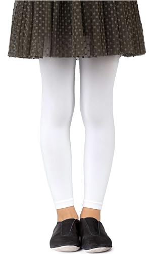 NOQ Mädchen Strumpfhose ohne Fuß in voller Länge Leggings knöchellanger Rock Tunika Kleid Schule Tanz Ballett blickdichte Mikrofaser, Bianco 10/11 Jahre (140/146 cm) von NOQ