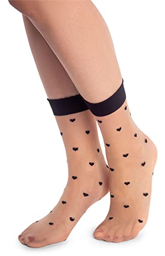 NOQ Modische gemusterte Damensocken Fancy Strümpfe Sheer Pop Free Size, Cuori Naturel/Nero von NOQ