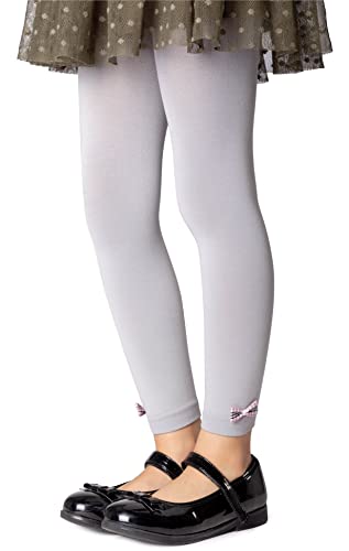 NOQ Schlichte fußlose Strumpfhose für Mädchen blickdichte Leggings mit Schleifen Mikrofaser unter dem Rock Tunika Hose Schule Gymnastik Tanz, Paloma Grey 10/11 Jahre (140/146 cm) von NOQ