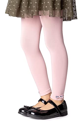 NOQ Schlichte fußlose Strumpfhose für Mädchen blickdichte Leggings mit Schleifen Mikrofaser unter dem Rock Tunika Hose Schule Gymnastik Tanz, Powder Pink 4/5 Jahre (104/110 cm) von NOQ