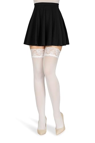 NOQ Selbsttragende Blickdichte Mikrofaserstrümpfe für Damen mit Sinnlicher und Femininer Spitze auf Silikon Langlebig und Matt Fühlen Sich Wie Eine Zweite Haut Ester, Bianco 4XL von NOQ