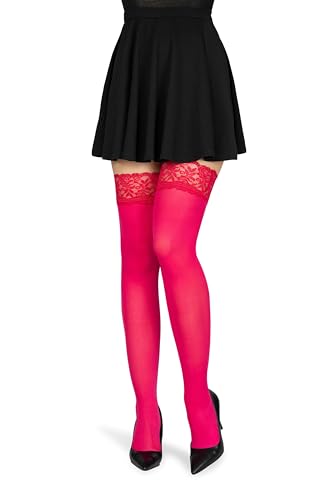 NOQ Selbsttragende Blickdichte Mikrofaserstrümpfe für Damen mit Sinnlicher und Femininer Spitze auf Silikon Langlebig und Matt Fühlen Sich Wie Eine Zweite Haut Ester, Fuchsia XL von NOQ