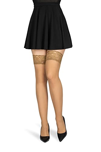 NOQ Selbsttragende halterlose Strümpfe für Damen oberschenkel hoch 15 DEN eleganter Stil Damen-Dessous mit Spitze unsichtbarer Zehenpartie transparente zweite Haut Nicole, Beige XL von NOQ