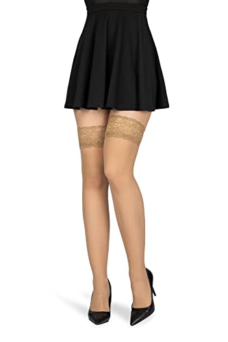 NOQ Selbsttragende halterlose Strümpfe für Damen oberschenkel hoch 15 DEN eleganter Stil Damen-Dessous mit Spitze unsichtbarer Zehenpartie transparente zweite Haut Nicole, Naturel XXL von NOQ