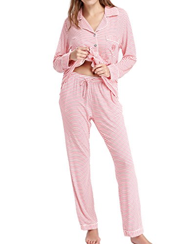 Damen Schlafanzüge Nachtwäsche langen Ärmeln Pyjama by Nora Twips, Farbe Rosa mit gestreift Gr. XL von NORA TWIPS