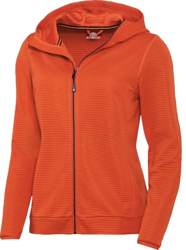 NORDCAP Sportjacke Damen, sportliche Sweatjacke mit Kapuze in Rippstruktur, leichte Hoody Jacke mit 2 Eingrifftaschen, Freizeitjacke, Kapuzenjacke, Orangerot, Gr. 40 von NORDCAP