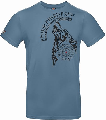 NORDGARD T Shirt FENRISWOLF Wikinger Valhalla Geri Freki nordisch Wolf Krieger Runen Valhalla Odin Thor Wotan Vegvisir Northman North (DE/NL/SE/PL, Alphanumerisch, 3XL, Regular, Regular, stahlblau) von NORDGARD