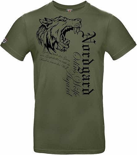 NORDGARD T Shirt Fenrir-Wikinger Valhalla-Geri Freki nordischer Wolf-Viking Runen-Valhalla-nordisch Odin Thor Hugin Munin Wotan (DE/NL/SE/PL, Alphanumerisch, L, Regular, Regular, Khaki) von NORDGARD