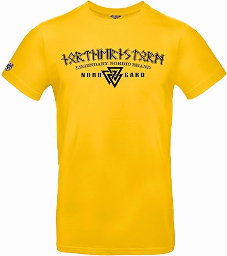 NORDGARD T Shirt JÖTUNN Wikinger Valhalla-Geri Freki nordisch Wolf Krieger Runen Valhalla Odin Thor Wotan Vegvisir Northman Asen (DE/NL/SE/PL, Alphanumerisch, XL, Regular, Regular, gelb) von NORDGARD