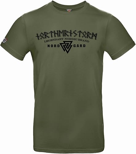 NORDGARD T Shirt JÖTUNN Wikinger Valhalla-Geri Freki nordisch Wolf Krieger Runen Valhalla Odin Thor Wotan Vegvisir Northman Asen (DE/NL/SE/PL, Alphanumerisch, XXL, Regular, Regular, Khaki) von NORDGARD