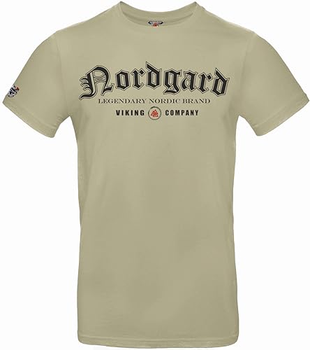 NORDGARD T Shirt Legendary Wikinger Valhalla-Geri Freki nordisch Wolf Krieger Runen Valhalla Odin Thor Wotan Vegvisir Northman (DE/NL/SE/PL, Alphanumerisch, L, Regular, Regular, Sand) von NORDGARD