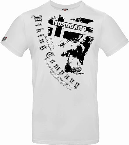 NORDGARD T Shirt NIDAVELLIER Wikinger Valhalla-Geri Freki nordisch Wolf Krieger Runen Valhalla Odin Thor Wotan Vegvisir Northman Asen (DE/NL/SE/PL, Alphanumerisch, 5XL, Regular, Regular, weiß) von NORDGARD
