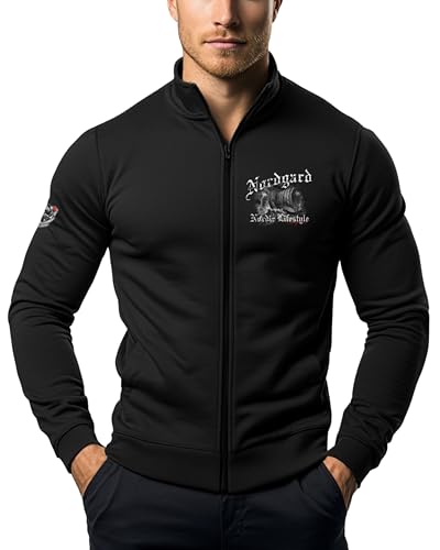 NORDGARD Viking Jacke Nordisk in schwarz I Größe M I Stehkragenjacke aus 80% Baumwolle & 20% Polyester I Wikinger-Jacke mit Rückendruck I Ideal für Freizeit & Sport I OEKO-TEX zertifiziert von NORDGARD