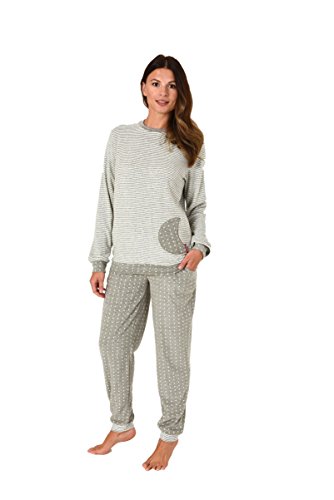 NORMANN-Wäschefabrik Damen Frottee Pyjama mit Bündchen Sterne Tupfendesign - auch in Übergrössen bis 60/62, Größe:60/62;Farbe:Ringel grau von Normann