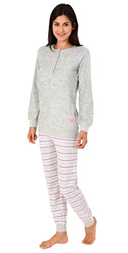 NORMANN-Wäschefabrik Damen Frottee Pyjama mit Bündchen & Herz Motiv, auch in Übergrößen bis 60/62-28120193360, Farbe:grau, Größe2:44/46 von Normann